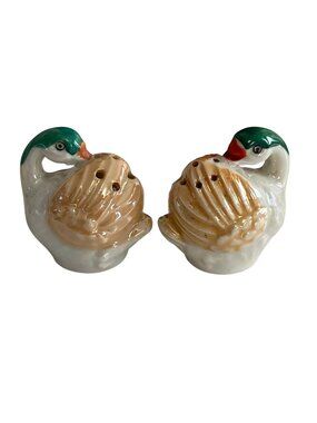 Vintage Japan Duck Salt Pepper Shakers Green Head Lusterware Set